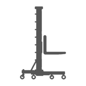 Icon of a vertical mast material lift with forks on a rolling base