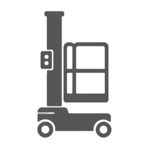 Icon of a vertical mast personnel lift with an enclosed platform on a compact chassis