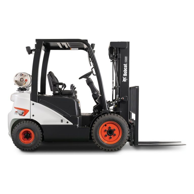Side view of a Bobcat G25N pneumatic-tire forklift with a white body, black overhead guard and mast, LP tank and orange wheels