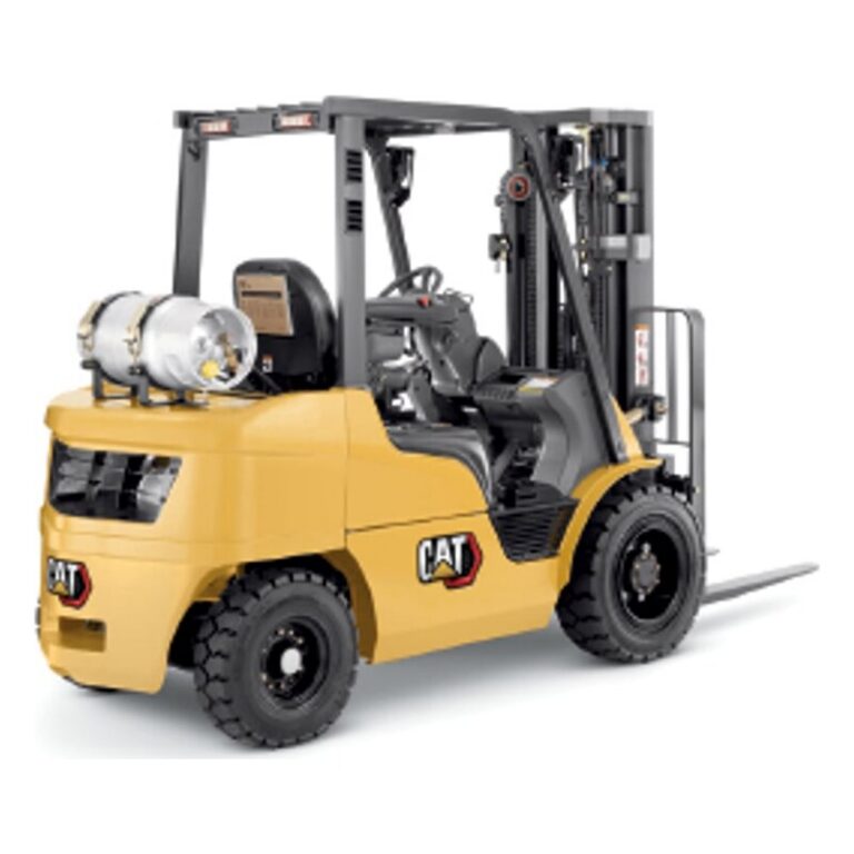 Cat Lift Trucks GP25N pneumatic-tire forklift with a yellow body, black overhead guard and mast, and a rear-mounted LP tank