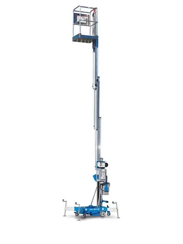 Genie AWP-30S push-around aerial work platform with its aluminum mast raised, a small platform and a blue base with outriggers