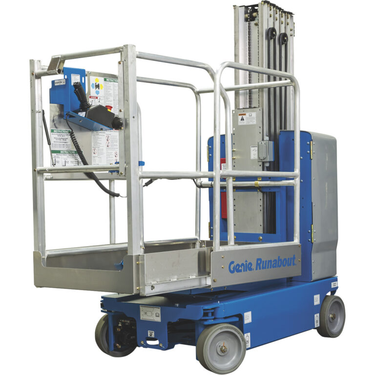 Close view of a Genie Runabout vertical mast lift stowed, showing the platform rails, entry gate, controls and blue base