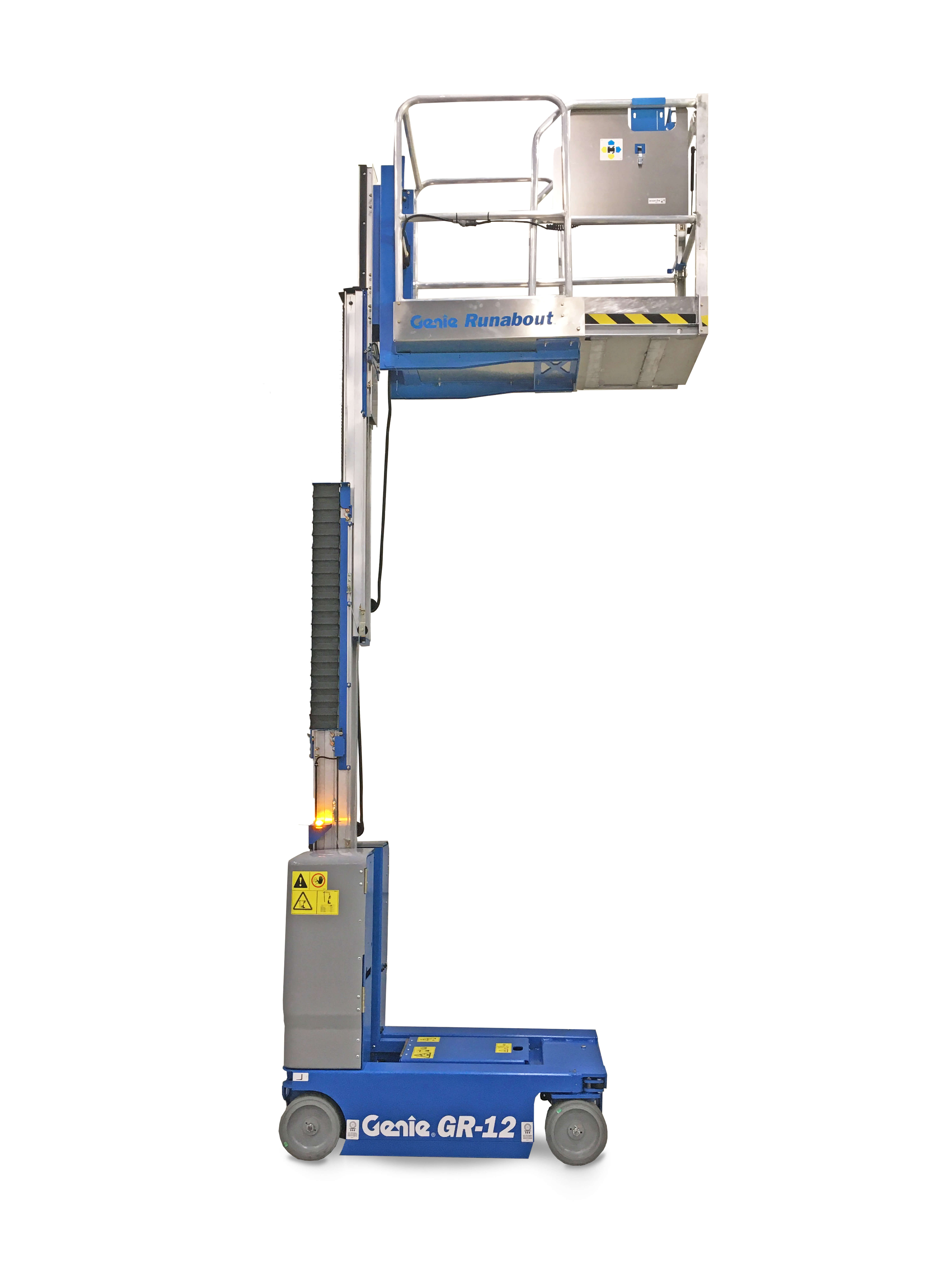 Genie Runabout vertical mast lift raised, with a silver mast, a small platform and a blue base