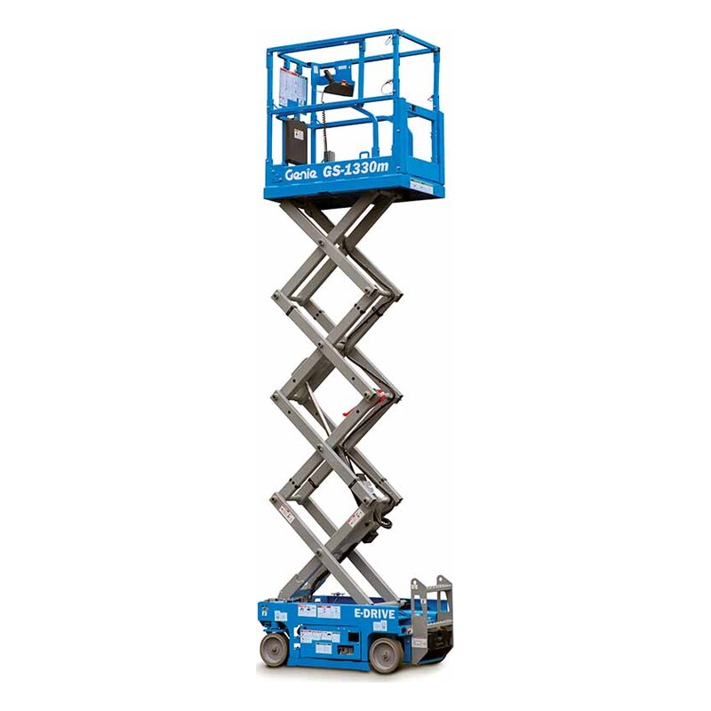 Genie GS-1330m micro electric scissor lift raised, with gray scissor arms, a blue chassis and blue platform rails