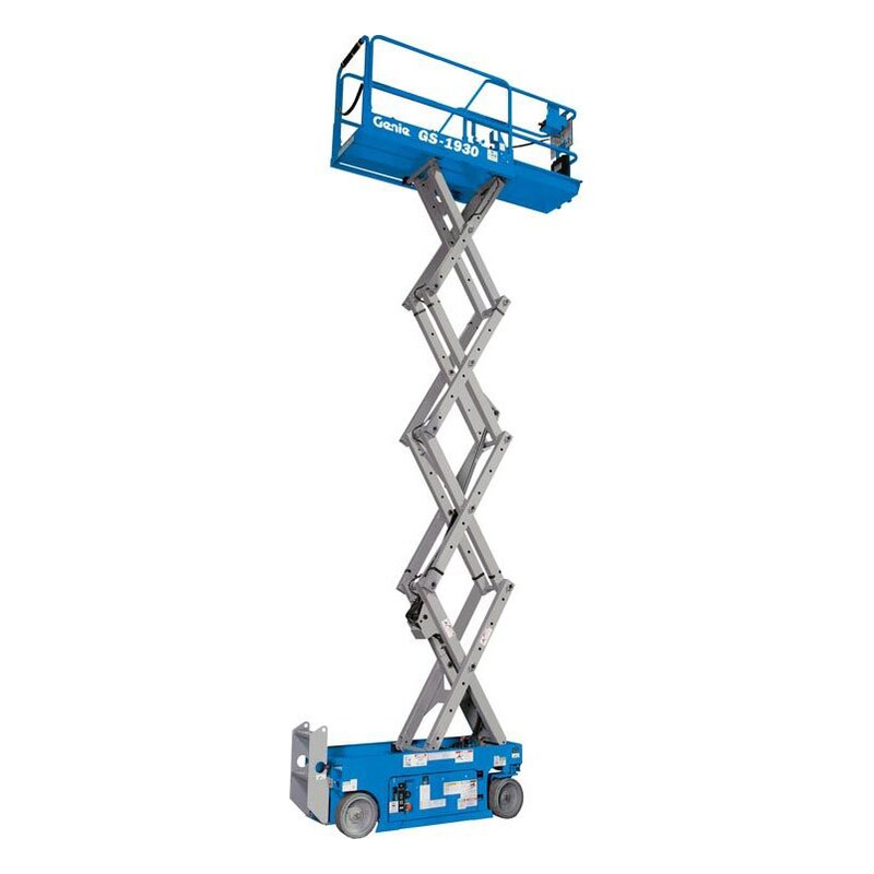 Genie GS-1930 electric slab scissor lift raised, with gray scissor arms, a blue chassis and blue platform rails