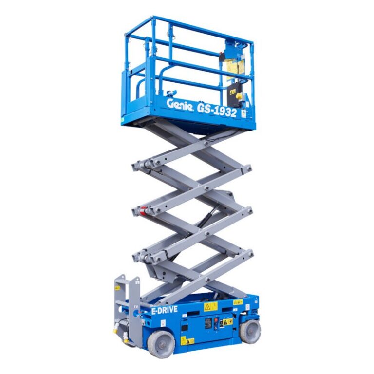 Genie GS-1932 electric slab scissor lift partly raised, with gray scissor arms, a blue chassis and blue platform rails