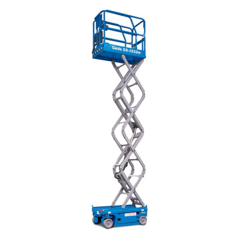Genie GS-1932m micro electric scissor lift raised, with gray scissor arms and a compact blue chassis