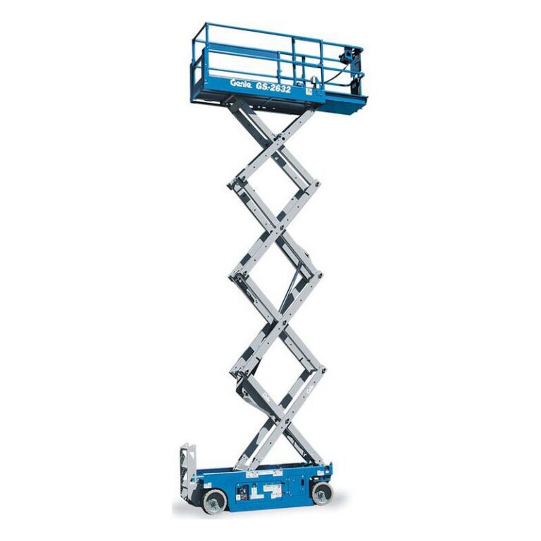 Genie GS-2632 electric slab scissor lift fully raised, with gray scissor arms, a blue chassis and blue platform rails