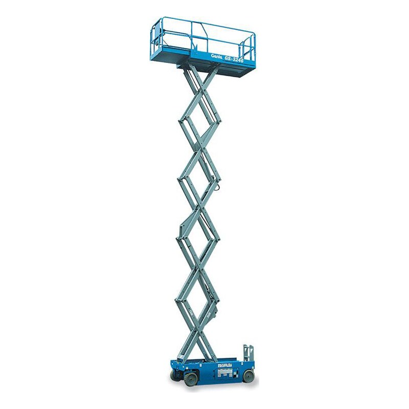 Genie GS-2646 electric slab scissor lift fully raised, with gray scissor arms, a blue chassis and blue platform rails