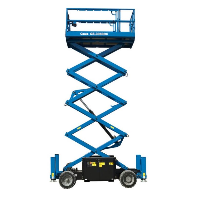 Genie DC electric scissor lift raised, with blue scissor arms, a wide black chassis and a large blue-railed platform