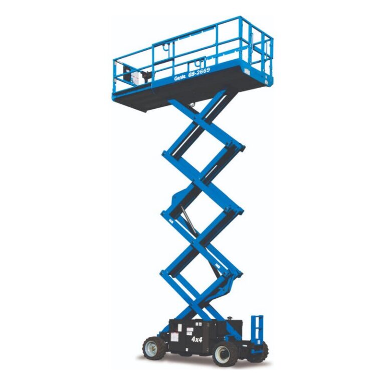 Genie GS-2669 RT rough terrain scissor lift raised, with blue scissor arms, a black chassis on rough-terrain tires and a large platform
