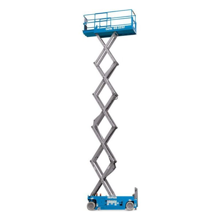 Genie GS-3232 electric slab scissor lift fully raised, with gray scissor arms, a narrow blue chassis and blue platform rails