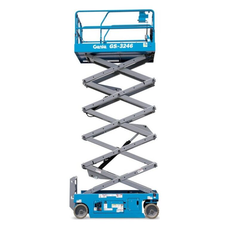 Genie GS-3246 electric slab scissor lift partly raised, with gray scissor arms, a blue chassis and blue platform rails