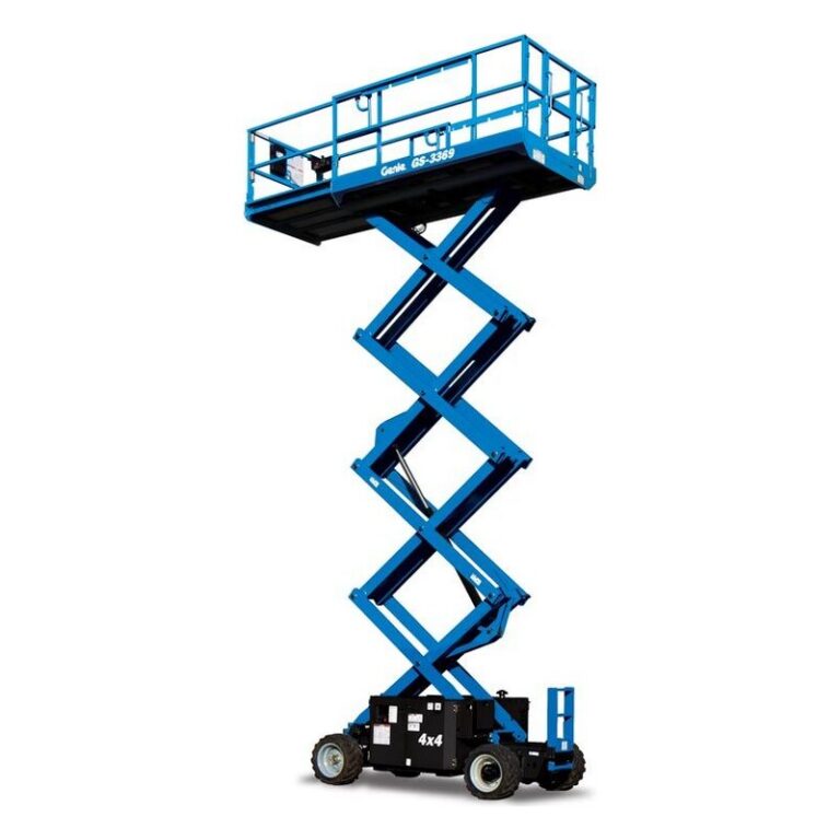 Genie GS-3369 RT rough terrain scissor lift raised, with blue scissor arms, a black chassis on rough-terrain tires and a large platform