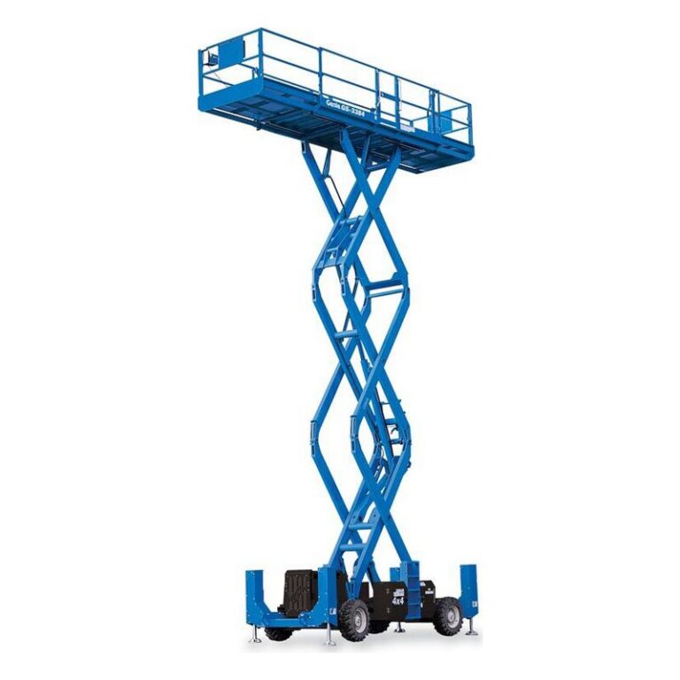 Genie GS-3384 RT rough terrain scissor lift raised, with blue scissor arms, a wide blue chassis, outriggers and rough-terrain tires