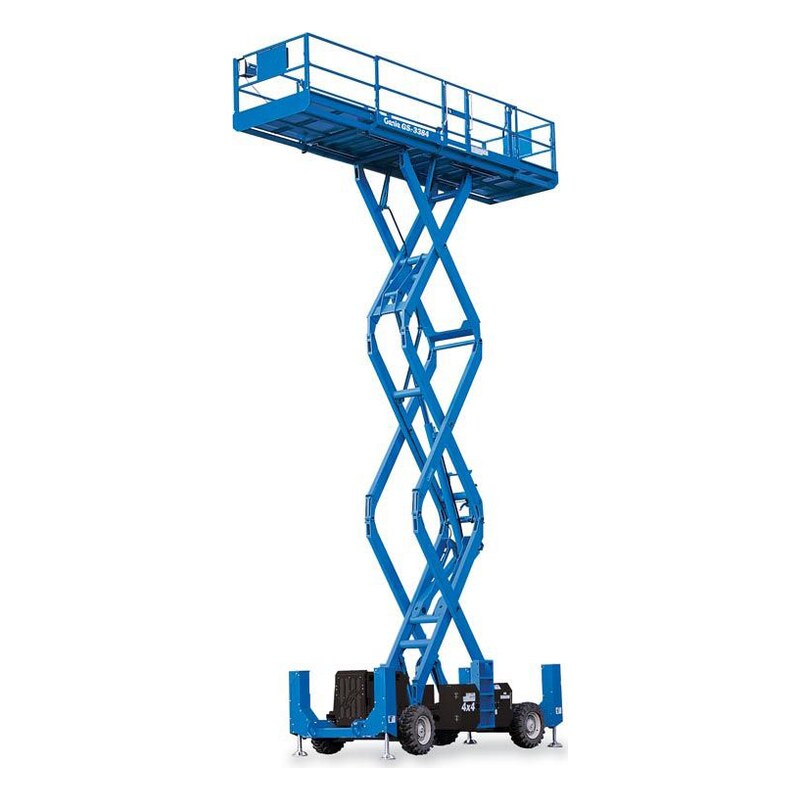 Genie GS-3384 RT rough terrain scissor lift raised, with blue scissor arms, a wide blue chassis, outriggers and rough-terrain tires