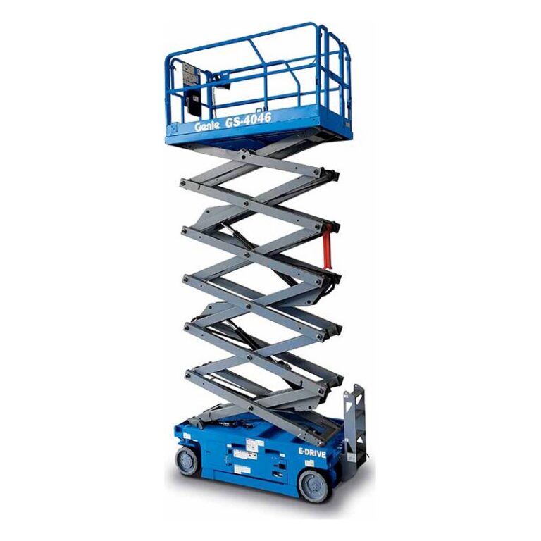 Genie GS-4046 electric slab scissor lift partly raised, with gray scissor arms, a blue chassis and blue platform rails