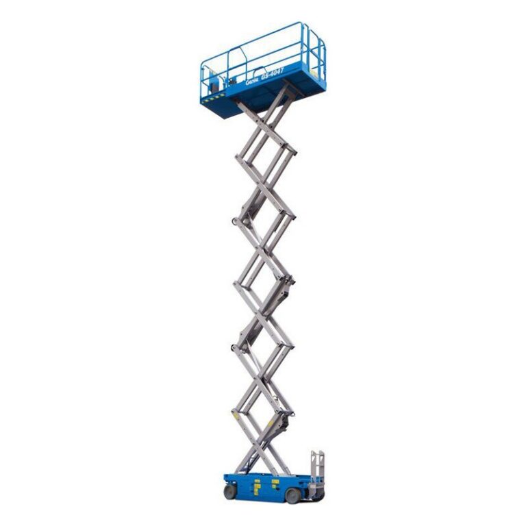 Genie GS-4047 electric slab scissor lift fully raised, with gray scissor arms, a blue chassis and blue platform rails