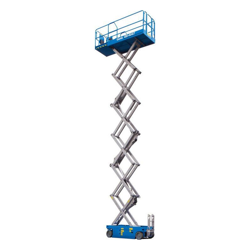 Genie GS-4047 electric slab scissor lift fully raised, with gray scissor arms, a blue chassis and blue platform rails