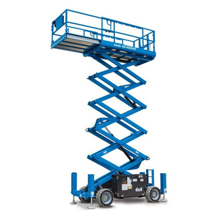 Genie GS-4069 RT rough terrain scissor lift raised, with blue scissor arms, a black chassis, outriggers and rough-terrain tires
