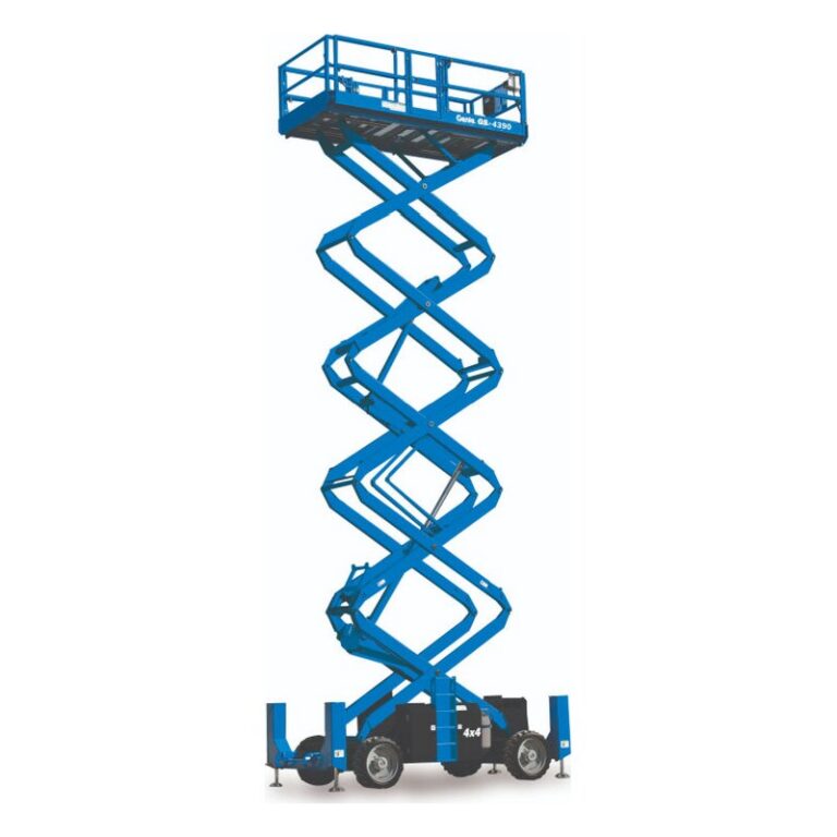 Genie GS-4390 RT rough terrain scissor lift raised, with blue scissor arms, a wide blue chassis, outriggers and rough-terrain tires