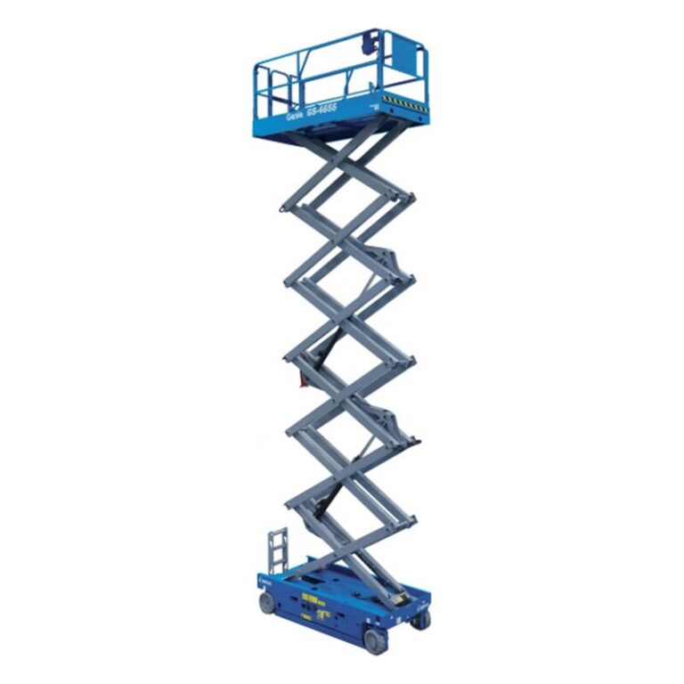 Genie GS-4655 electric slab scissor lift fully raised, with gray scissor arms, a blue chassis and blue platform rails