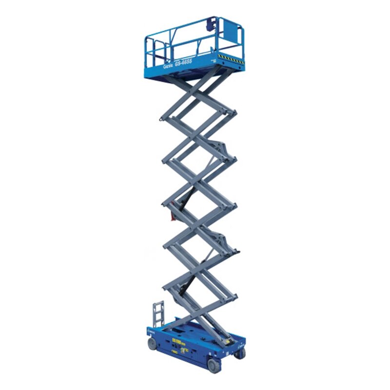 Genie GS-4655 electric slab scissor lift fully raised, with gray scissor arms, a blue chassis and blue platform rails