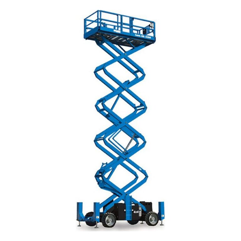 Genie GS-5390 RT rough terrain scissor lift fully raised, with blue scissor arms, a wide blue chassis, outriggers and rough-terrain tires