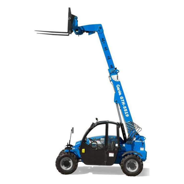 Genie GTH-5519 compact telehandler with its blue boom raised, forks attached and a black cab