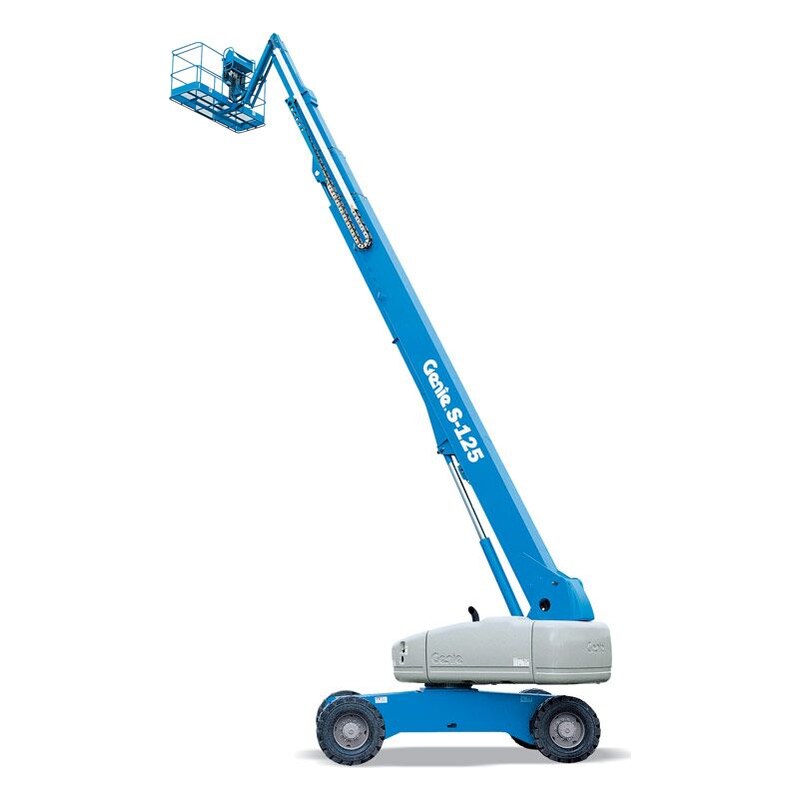 Genie S-125 telescopic boom lift with its long blue boom raised at an angle, on a gray turntable and wide four-wheel-drive chassis