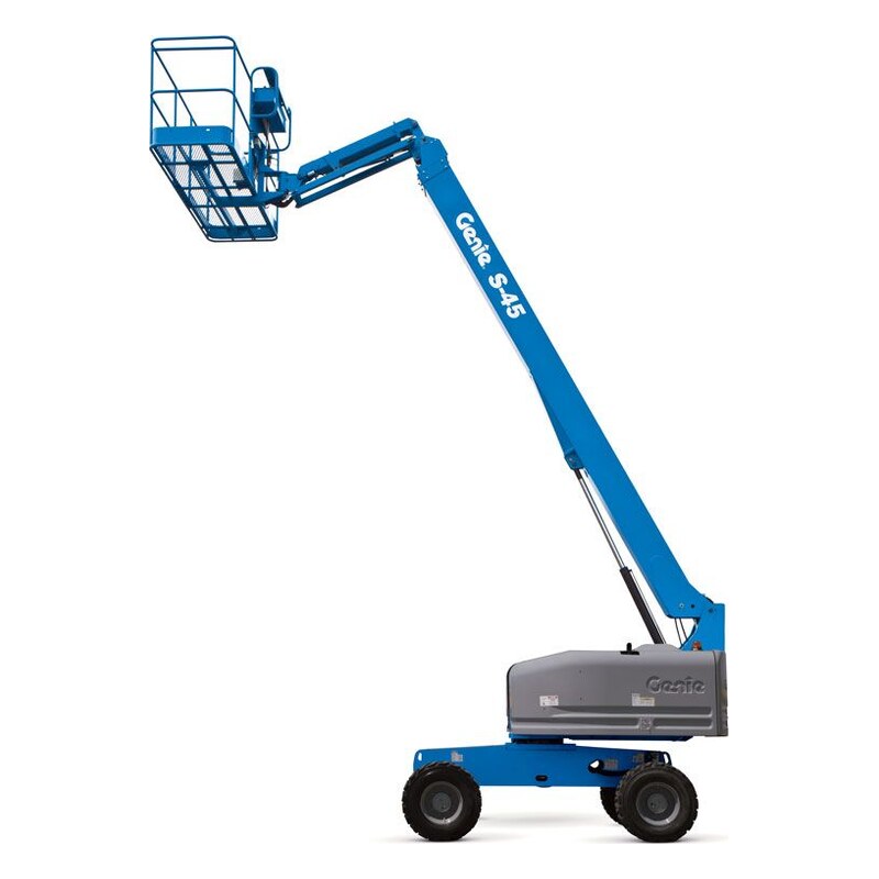 Genie S-45 telescopic boom lift with its blue boom raised and the platform basket at height, on a gray turntable and four-wheel-drive chassis