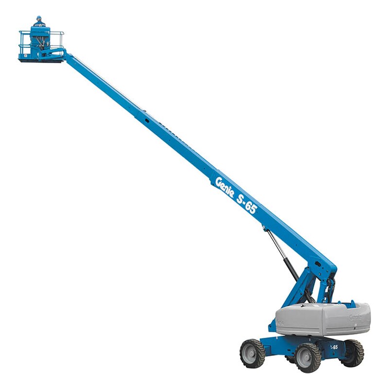 Genie S-60/S-65 series telescopic boom lift with its blue boom extended out and up, on a gray turntable and four-wheel-drive chassis