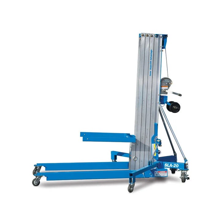 Genie SLA-20 Superlift Advantage material lift with a silver mast and blue base, legs and load forks