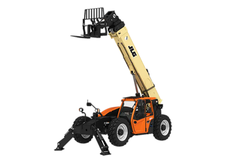JLG 1255 telehandler with its telescopic boom raised, forks attached and stabilizers lowered