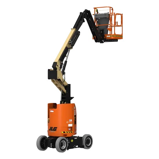 JLG electric articulating boom lift with an orange turntable, cream and black boom sections, a jib and an orange platform raised