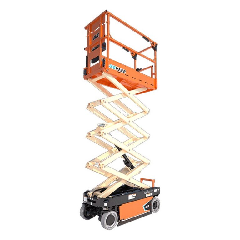JLG ES1932 electric scissor lift partly raised, with cream scissor arms, a black chassis and an orange platform