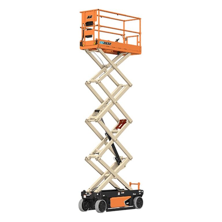 JLG ES2632 electric scissor lift fully raised, with cream scissor arms, a black chassis and an orange platform