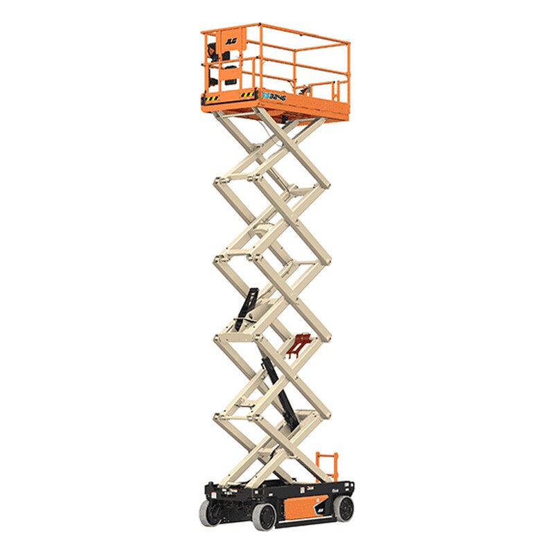 JLG ES3246 electric scissor lift fully raised, with cream scissor arms, a black chassis and an orange platform