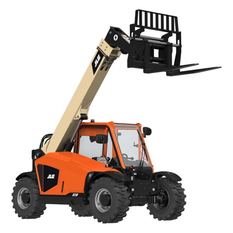 JLG compact telehandler with an orange body and cab, cream boom raised and a fork carriage attached