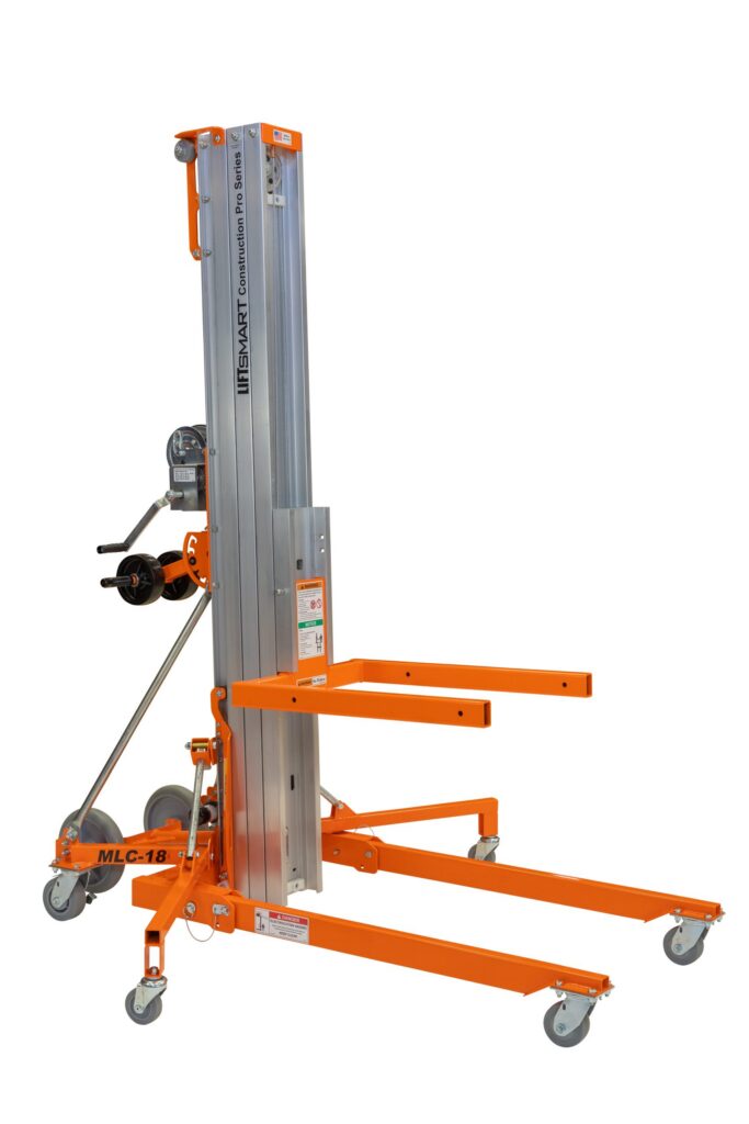LiftSmart MLC-18 material lift with an aluminum mast, a winch and orange fork base on casters