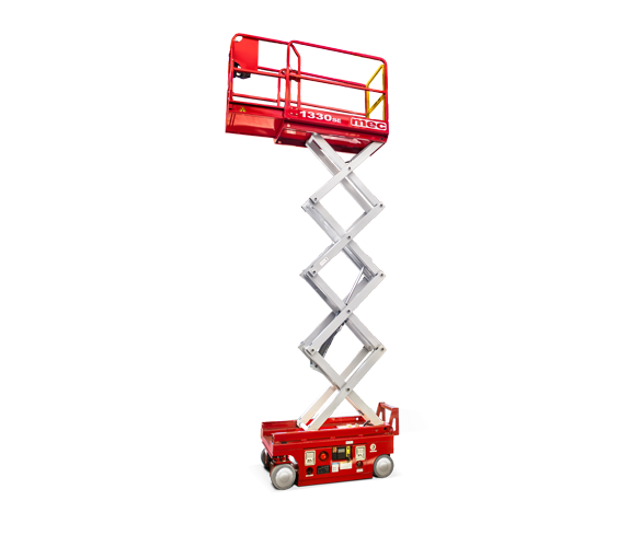 MEC 1330SE electric scissor lift raised, with silver scissor arms, a red chassis and a red platform