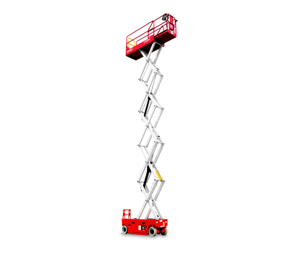 MEC 3232SE electric scissor lift fully raised, with silver scissor arms, a narrow red chassis and a red platform