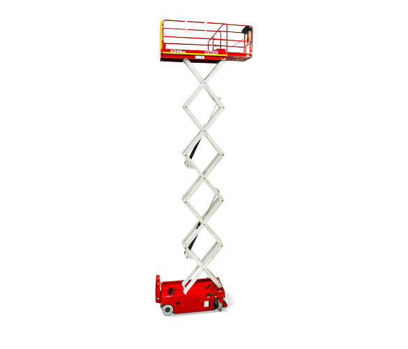 MEC 3346SE electric scissor lift raised, with white scissor arms, a red chassis and a red platform with a yellow gate