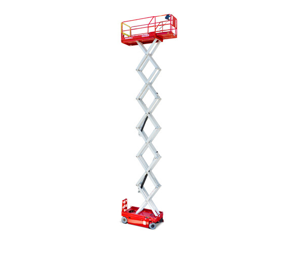 MEC 4046SE electric scissor lift raised, with white scissor arms, a red chassis and a red platform with a yellow gate