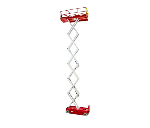 MEC 4555SE electric scissor lift raised, with white scissor arms, a red chassis and a red platform with a yellow gate