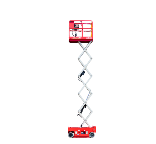 MEC Micro 19 electric scissor lift fully raised, with silver scissor arms, a red chassis and a red platform