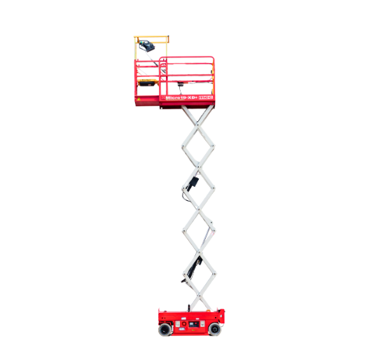 MEC Micro 19-XD electric scissor lift fully raised, with silver scissor arms, a red chassis and a red platform with a yellow gate