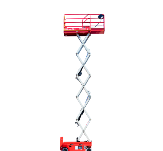 MEC Micro 26 electric scissor lift fully raised, with silver scissor arms, a red chassis and a red platform