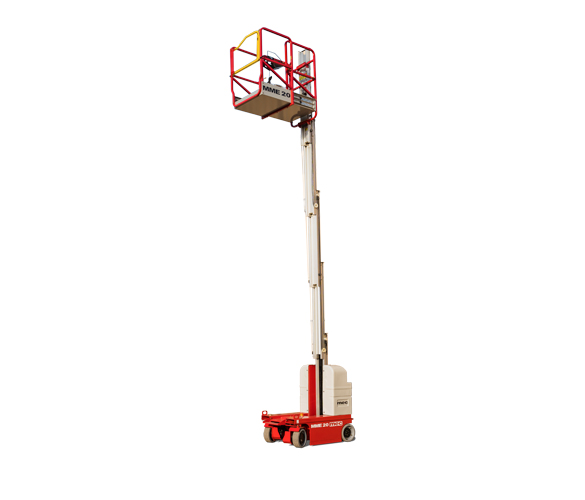 MEC MME20 vertical mast lift raised, with a white mast, a red base and a red platform