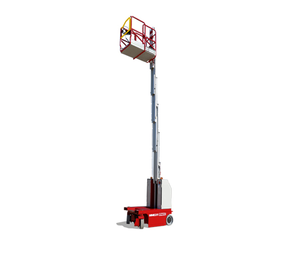 MEC MME25 vertical mast lift raised, with a silver mast, a red base and a red platform